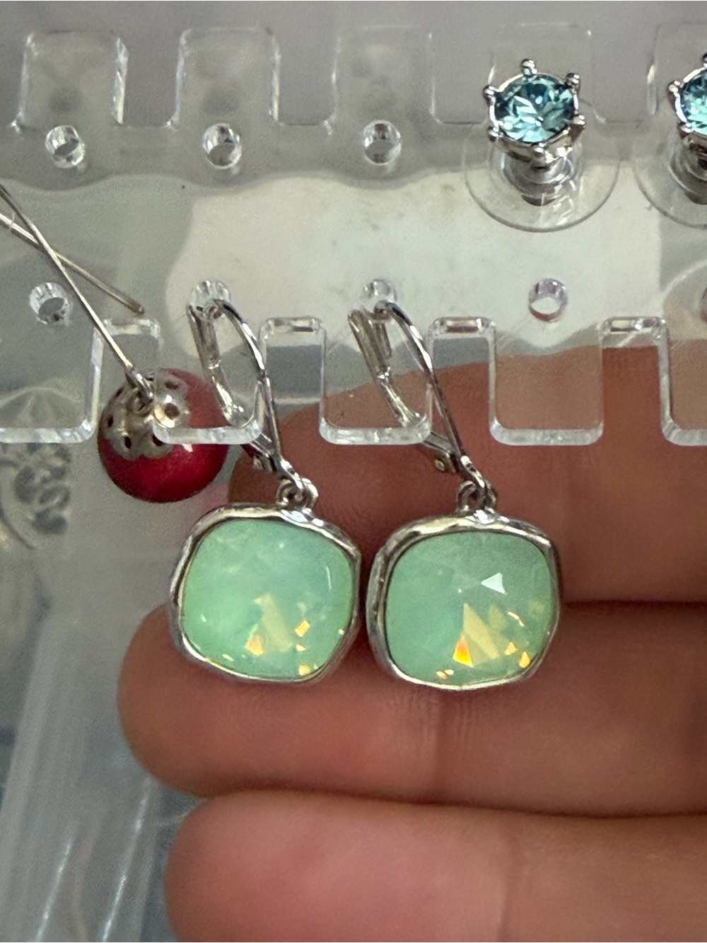 Touchstone Crystal Mint Green Opal Drop Earrings in Silver
